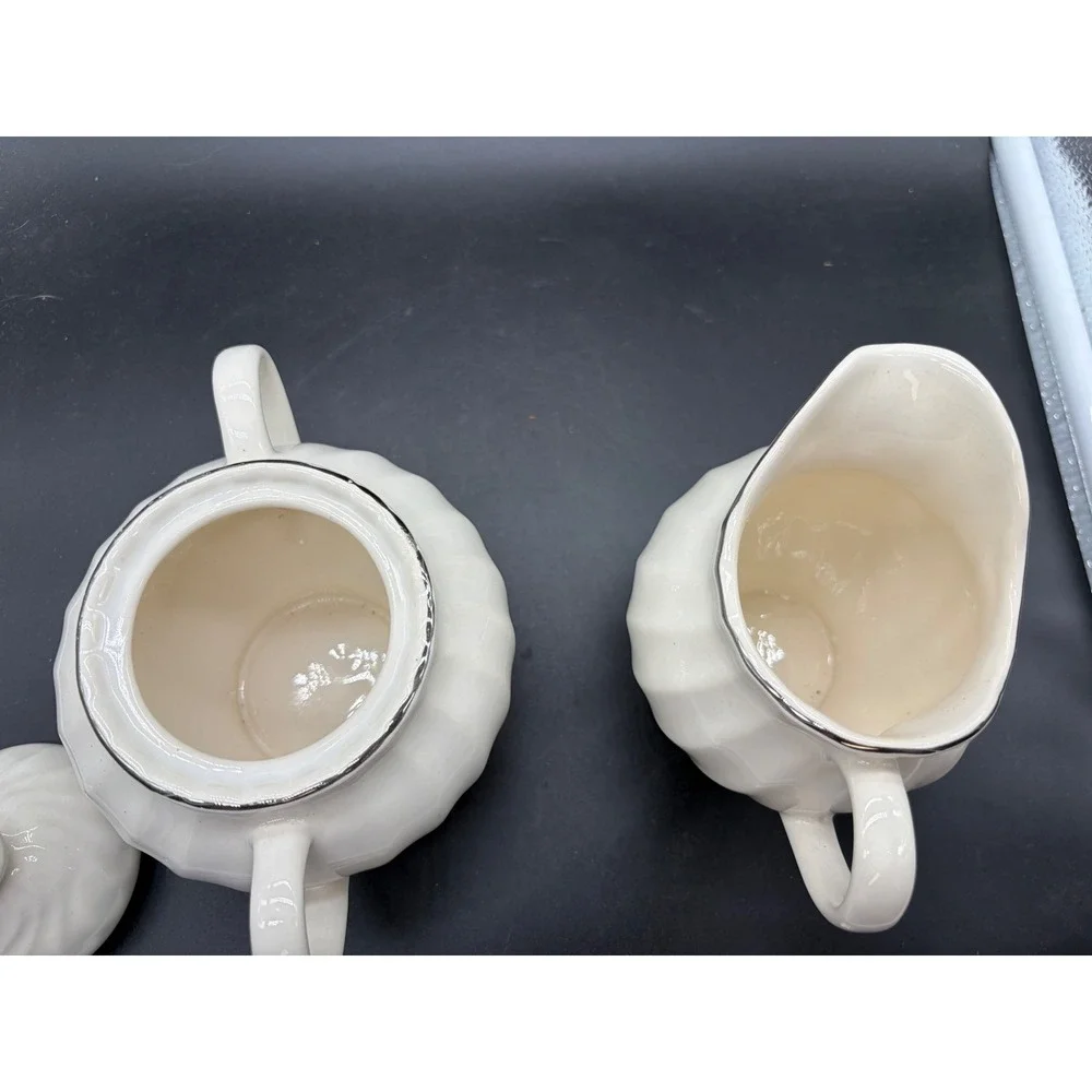 Vintage Creamer and Sugar‎ Bowl Set Off White Swirl Ceramic Silver Trim Lid